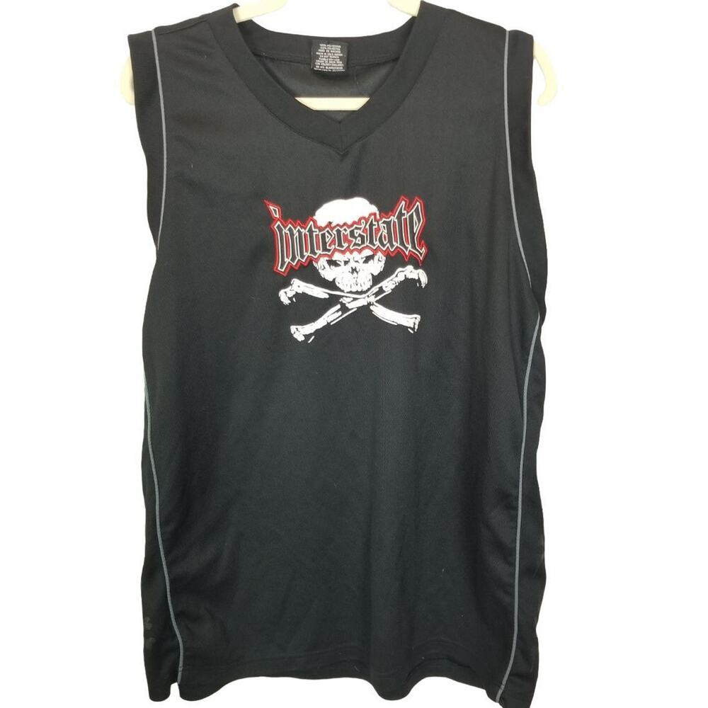 Interstate Mens Sleeveless Graphic Shirt Skull Crossbones SIze XL Biker Moto